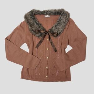 Axes Femme Fur Collar Diamond Pattern Cardigan